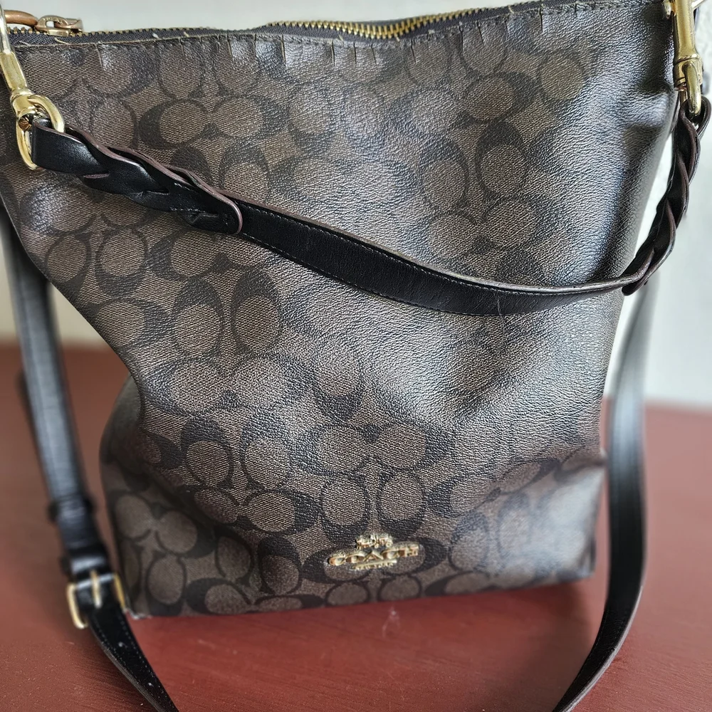 Coach Dark Brown Signature Canvas Shoulder Bag with Gold Hardware - Picture 1 of 9